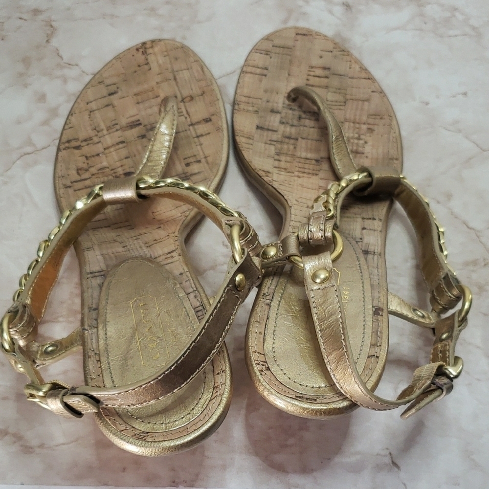 Coach Gold T-Strap Wedge Sandals with Chain Detail Size 10 - Picture 7 of 7